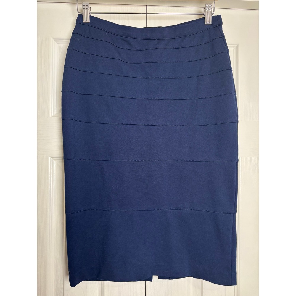 Thalian Navy Blue Tiered Bandage Pencil Skirt Size 4 Stretch Ponte Knit Midi